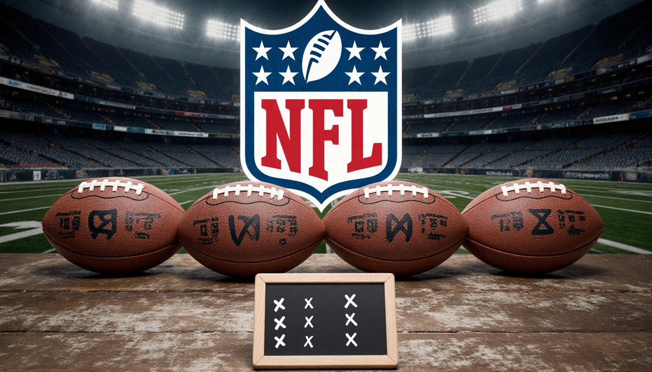 Four NFL footballs sit on a worn wooden table with a chalkboard showing four Xs for playoff teams and a faint stadium outline