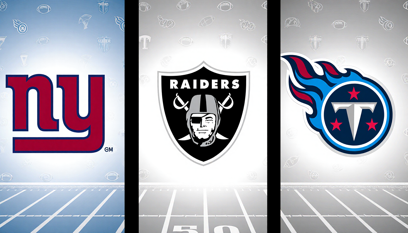 Split-screen displays NFL Giants Raiders and Titans logos stacked with a draft grid and stadium silhouettes in background.