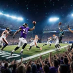 Baltimore Ravens players celebrating win with electric blue and bright orange football stadium lights and cheering crowd