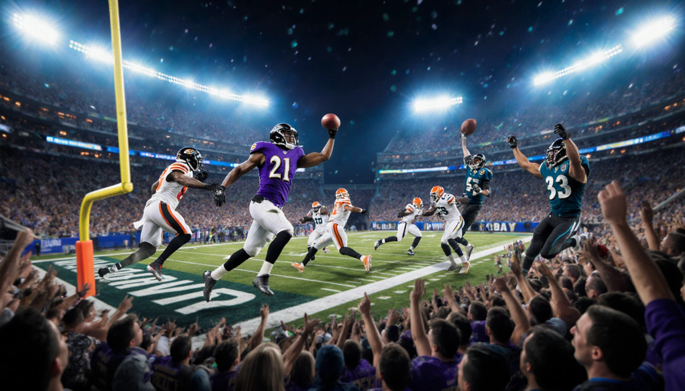 Baltimore Ravens players celebrating win with electric blue and bright orange football stadium lights and cheering crowd