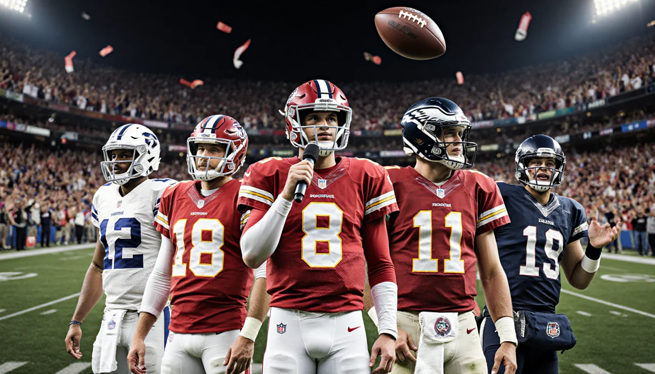 Eight NFL players hold microphones in a semi‑circle with a blurred stadium crowd and a football soaring above