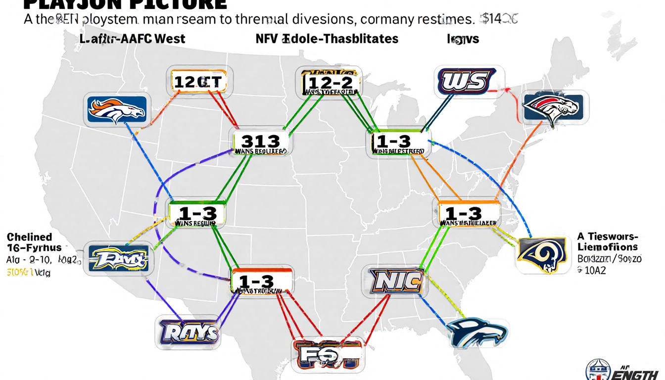 A circular chart shows NFL playoff picture with AFC West and NFC West color-coded teams and arrows showing postseason paths