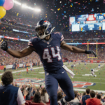 Football player celebrating touchdown with confetti and cheering fans in a vibrant NFL stadium.