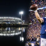 Matthew Stafford raising arm with confetti and stadium lights reflecting on water