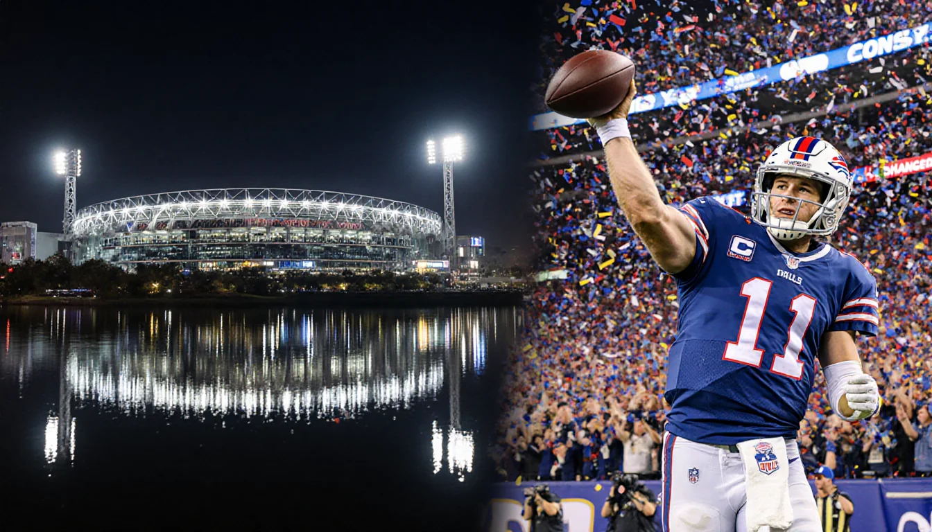 Matthew Stafford raising arm with confetti and stadium lights reflecting on water