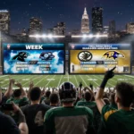 Fans cheering in a football stadium with twin giant screens showing Week 18 NFL schedule and city lights in background