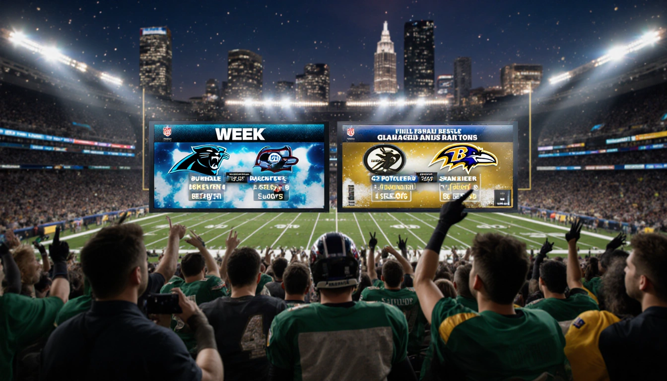 Fans cheering in a football stadium with twin giant screens showing Week 18 NFL schedule and city lights in background