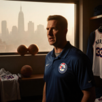Coach Nick Nurse standing with determined expression and warm light against foggy Philadelphia skyline in dim locker room