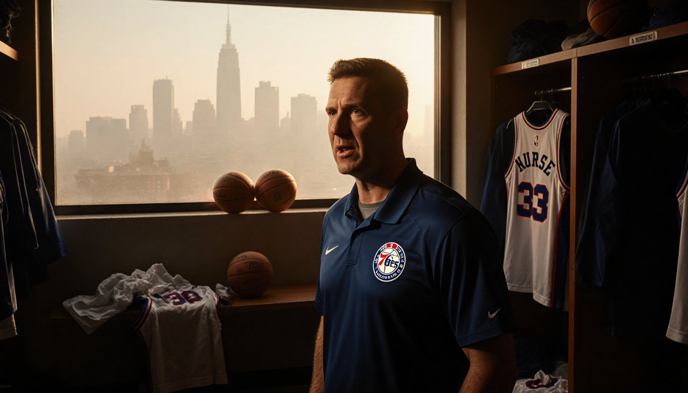 Coach Nick Nurse standing with determined expression and warm light against foggy Philadelphia skyline in dim locker room
