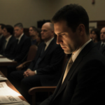 Nick Reiner slumping at courtroom table with dim glow from prosecution and blurred Los Angeles County Courtroom in background