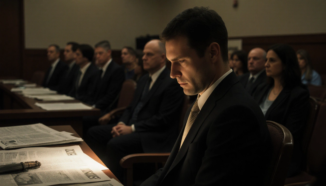 Nick Reiner slumping at courtroom table with dim glow from prosecution and blurred Los Angeles County Courtroom in background