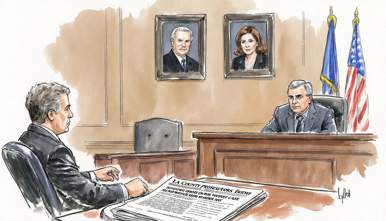 Nick Reiner sits in courtroom chair with judge's bench and family photos behind him and newspaper article on table.