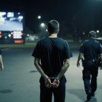 Nick Reiner being led by police in handcuffs with blurred surveillance screens of a night gas station in background