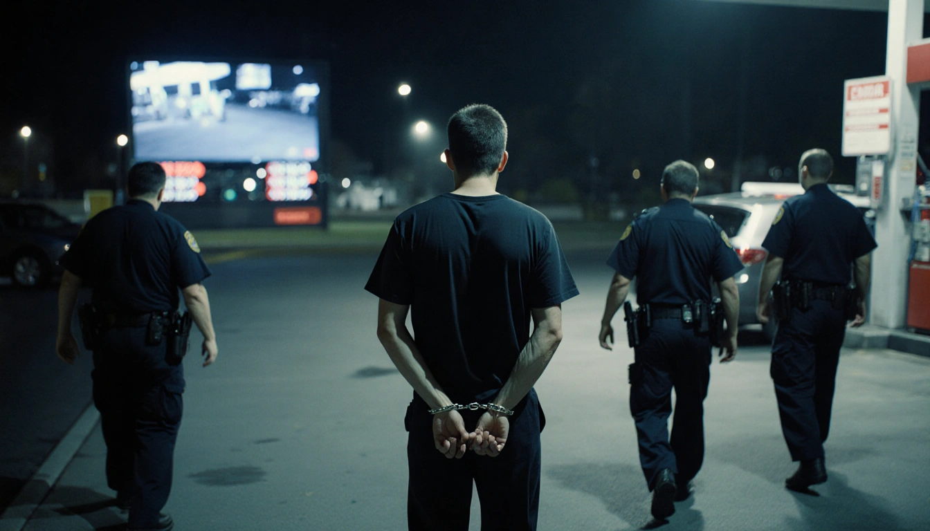 Nick Reiner being led by police in handcuffs with blurred surveillance screens of a night gas station in background