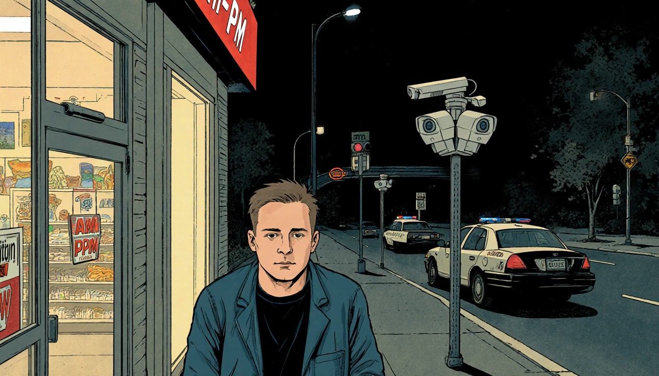 Nick Reiner entering an Am-Pm store at night with surveillance cameras tracking him and blurred patrol cars near Metro statio