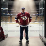 Nick Saban stands at an ice rink entrance wearing a Nashville Predators jersey and hat with field visible through glass