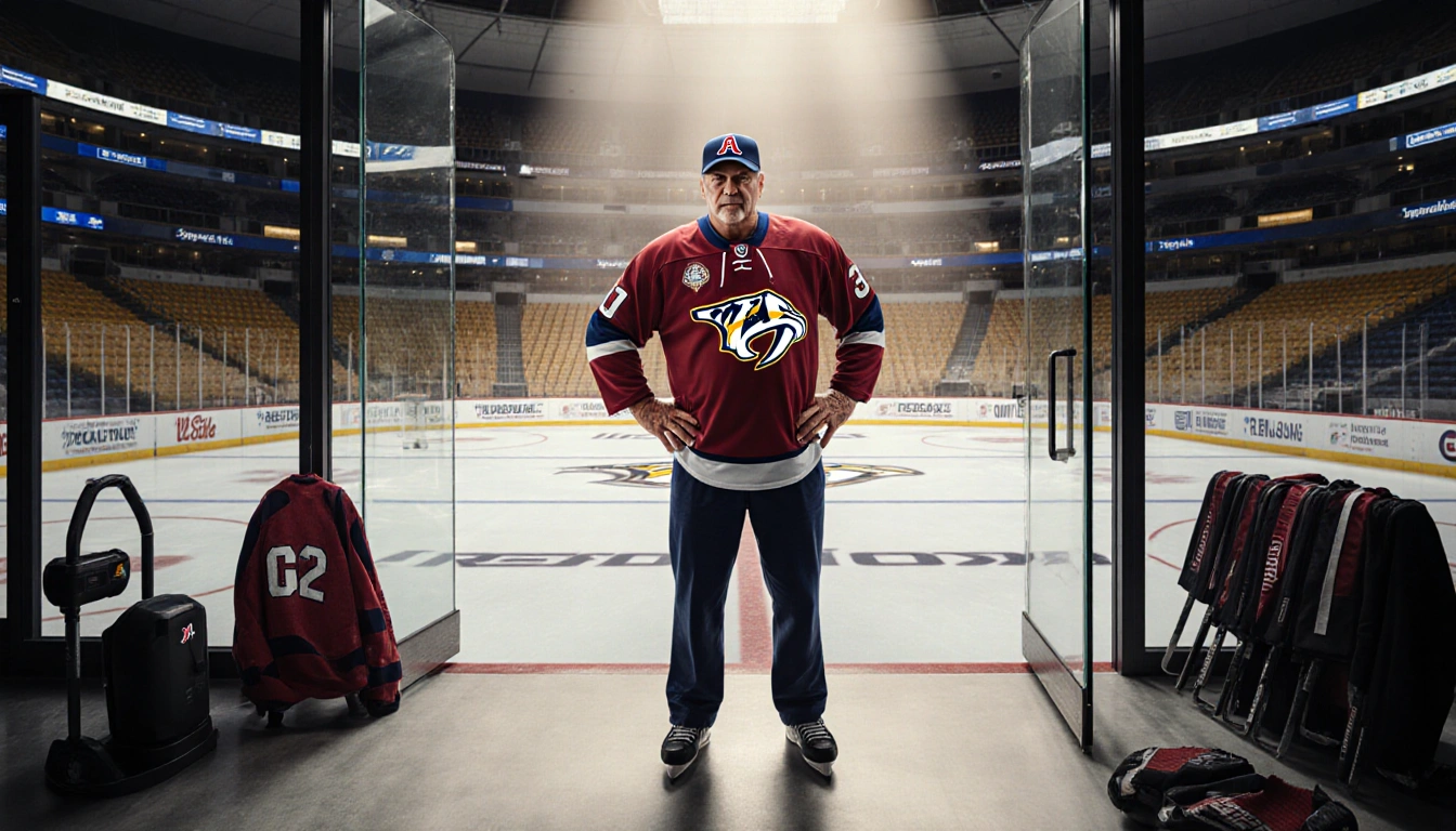 Nick Saban stands at an ice rink entrance wearing a Nashville Predators jersey and hat with field visible through glass
