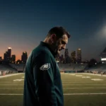 Nick Sirianni standing alone on a football field with stadium lights fading and Philadelphia skyline with eyes looking down