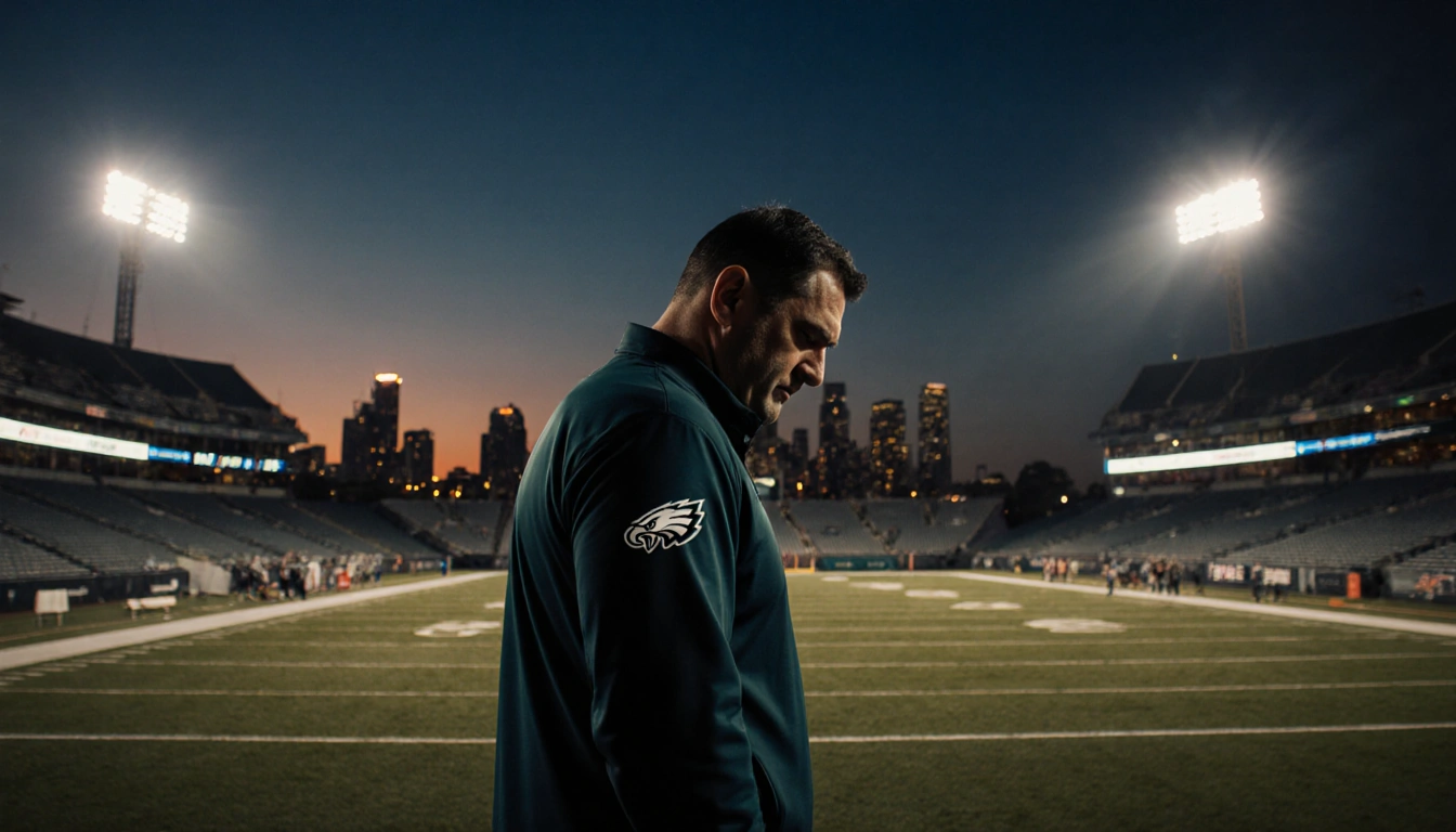 Nick Sirianni standing alone on a football field with stadium lights fading and Philadelphia skyline with eyes looking down