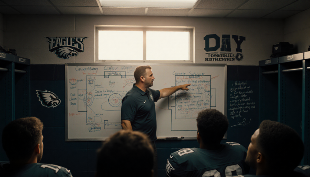 Coach Nick Sirianni pointing at football play diagram on whiteboard with players watching and natural light.