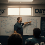 Coach Nick Sirianni pointing at football play diagram on whiteboard with players watching and natural light.