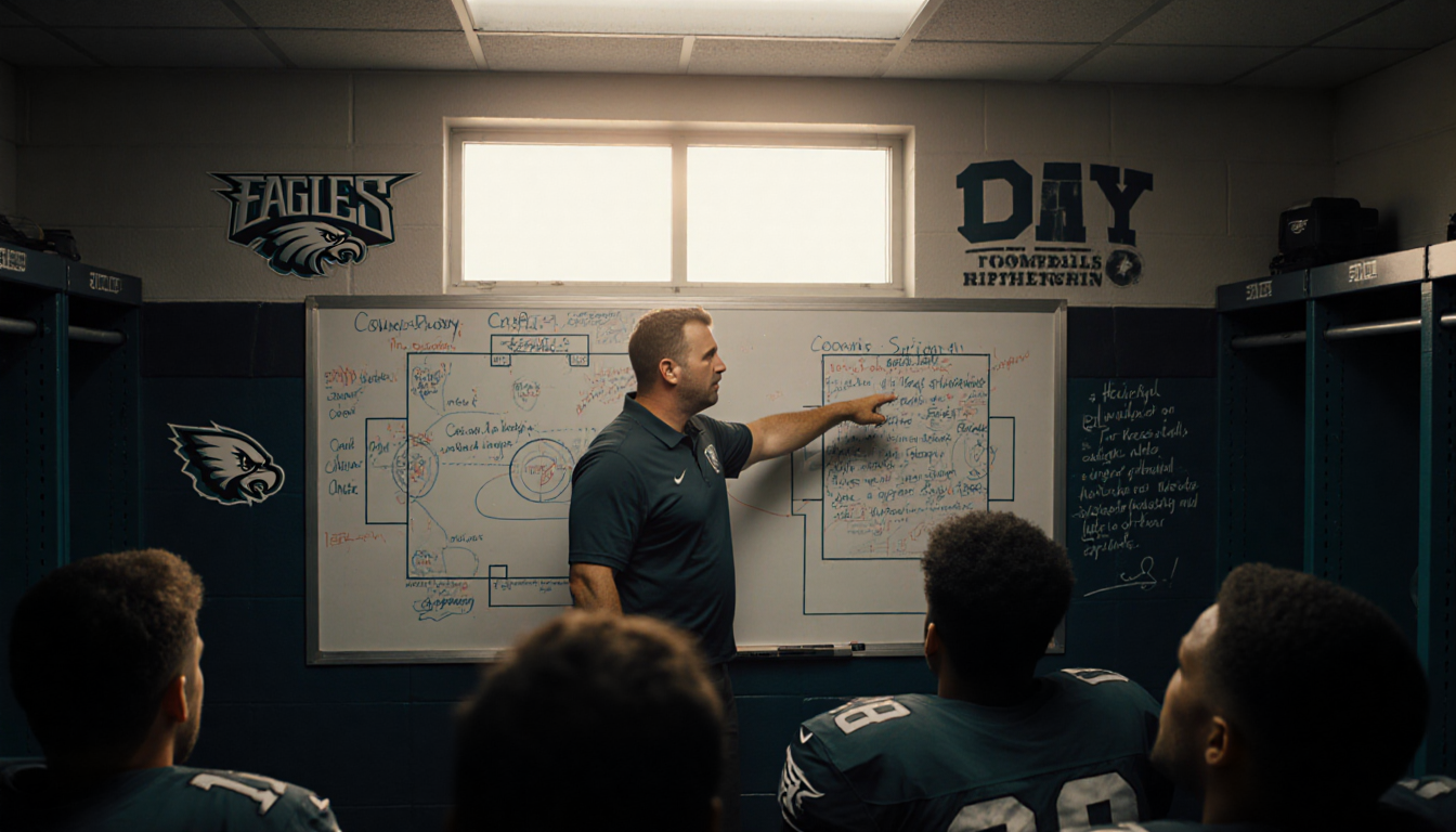 Coach Nick Sirianni pointing at football play diagram on whiteboard with players watching and natural light.