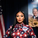 Nicki Minaj stands in a spotlight wearing a patriotic look beside a Trump and Vance poster in a hazy Arizona desert.