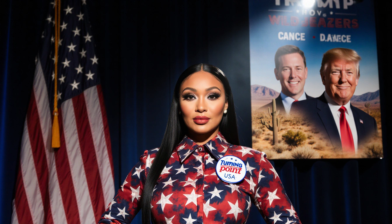 Nicki Minaj stands in a spotlight wearing a patriotic look beside a Trump and Vance poster in a hazy Arizona desert.
