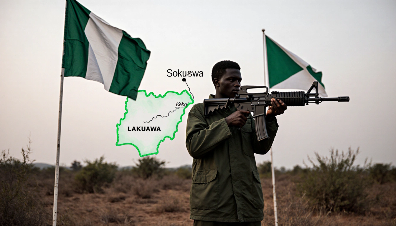 Militant aims assault rifle with dark green jacket beside flags of Nigeria and Lakurawa with blurred map of northwest Nigeria