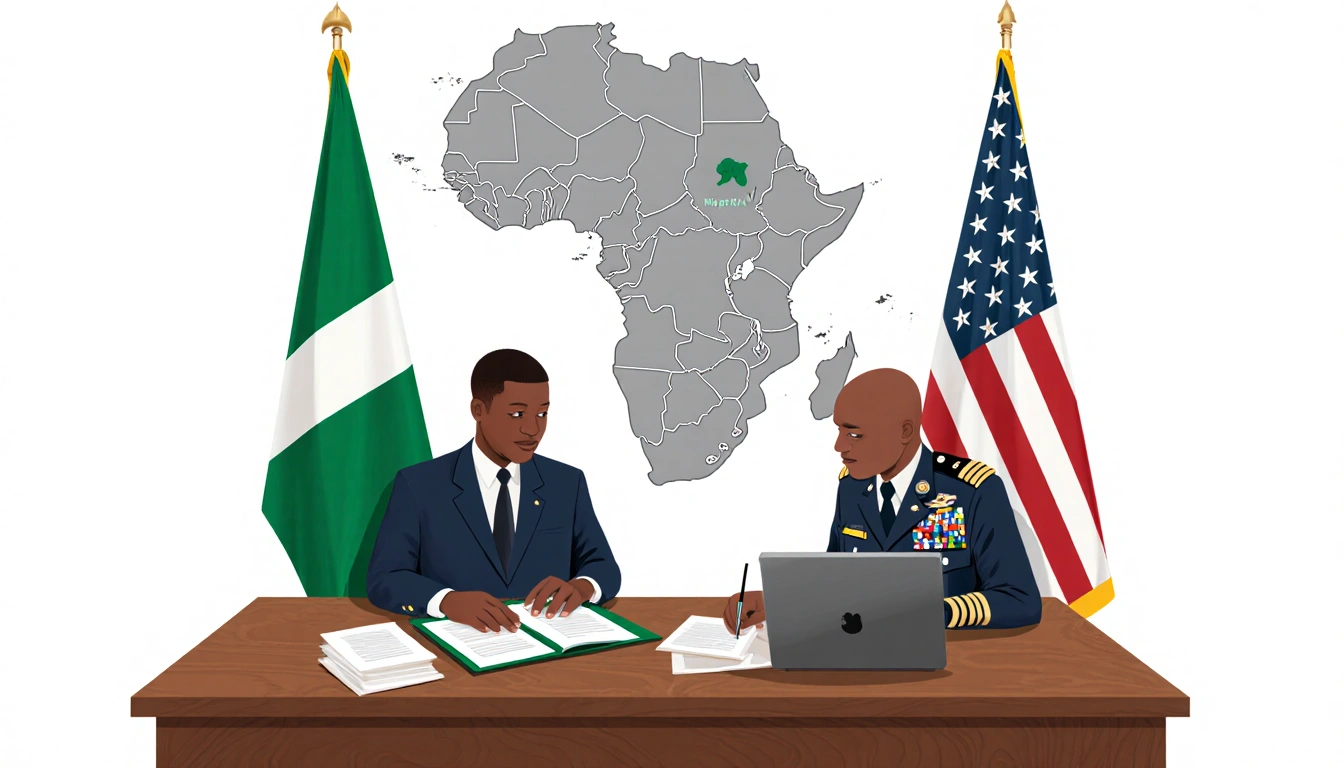 Nigeria and US officials exchanging documents with a map of Africa showing Nigeria showing cooperation against terrorism