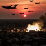 Fighter jets soaring above a lit market with textiles and a sleek US transport aircraft silhouette in the background