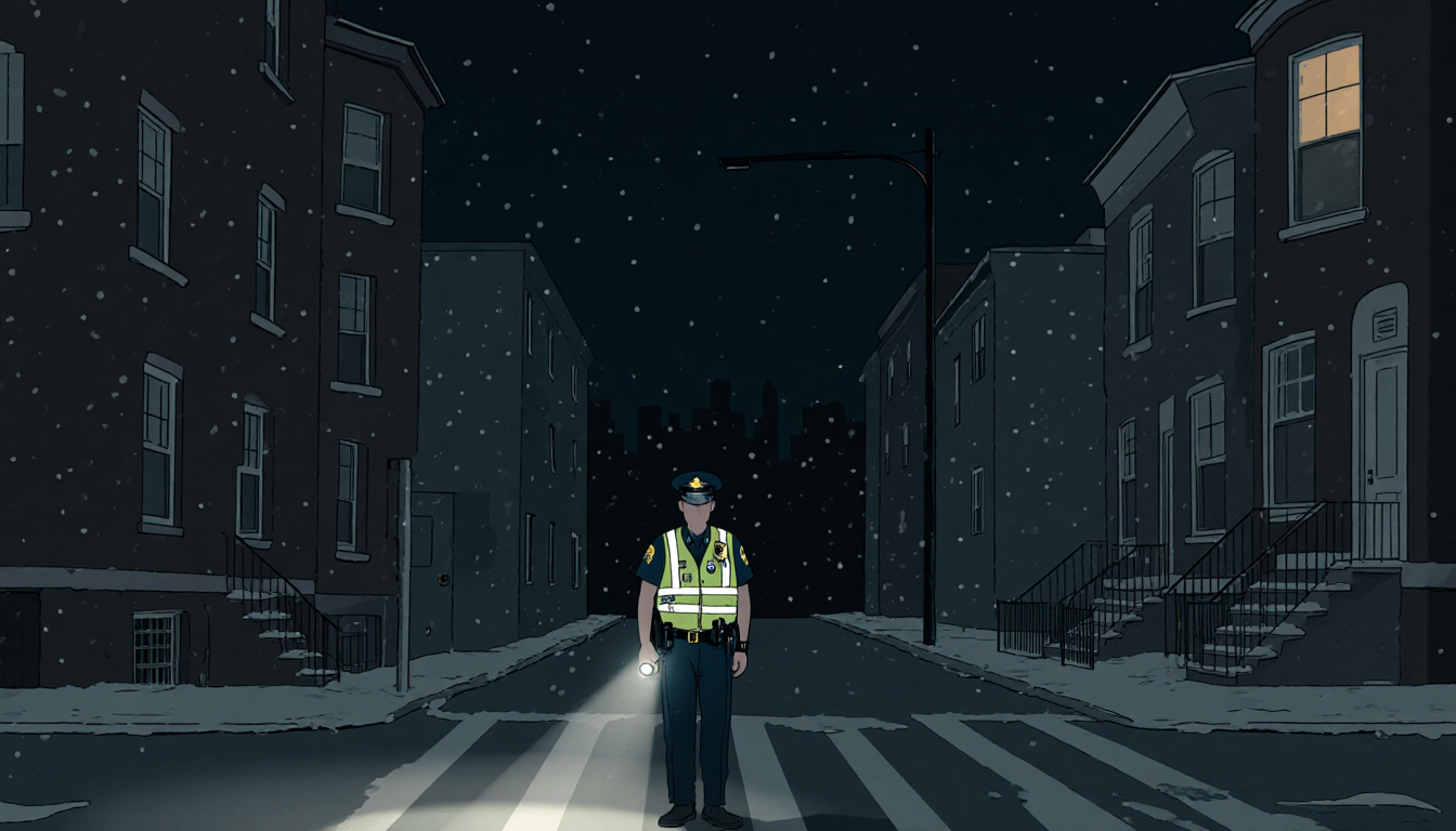 Police officer standing guard with flashlight illuminating intersection and falling snowflakes