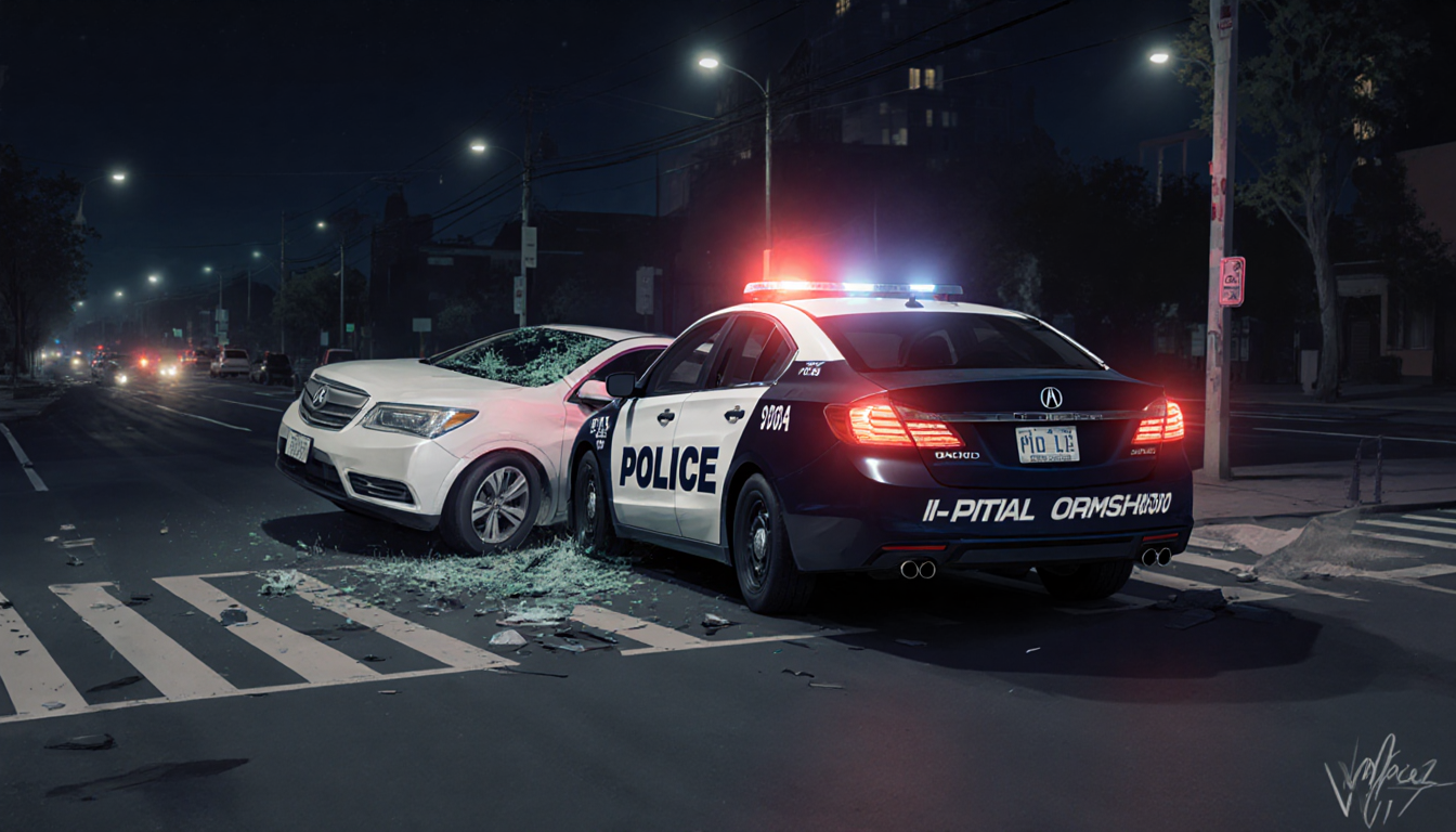 Police cruiser lit with sirens at night intersection while white Acura crashes with debris around it