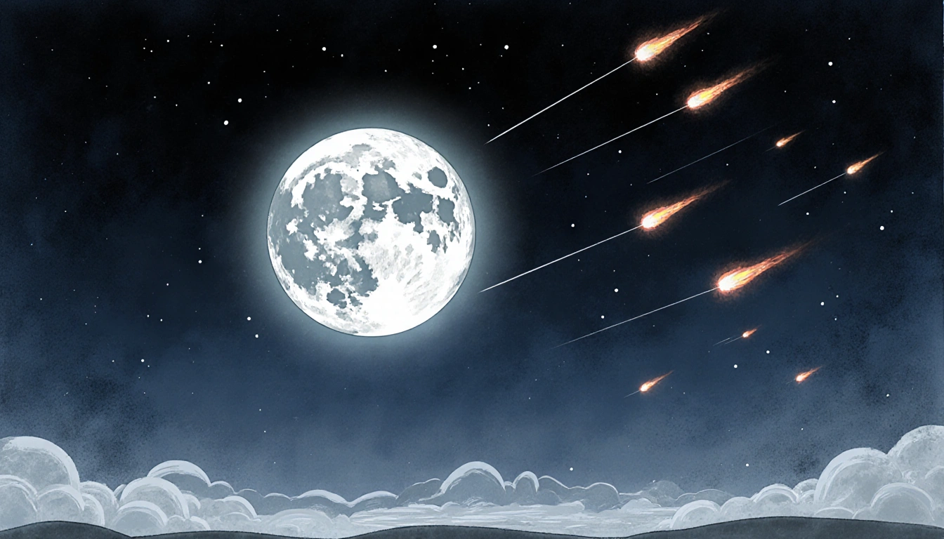 Full moon dominates night sky with subtle glow and faint meteor trails across the horizon