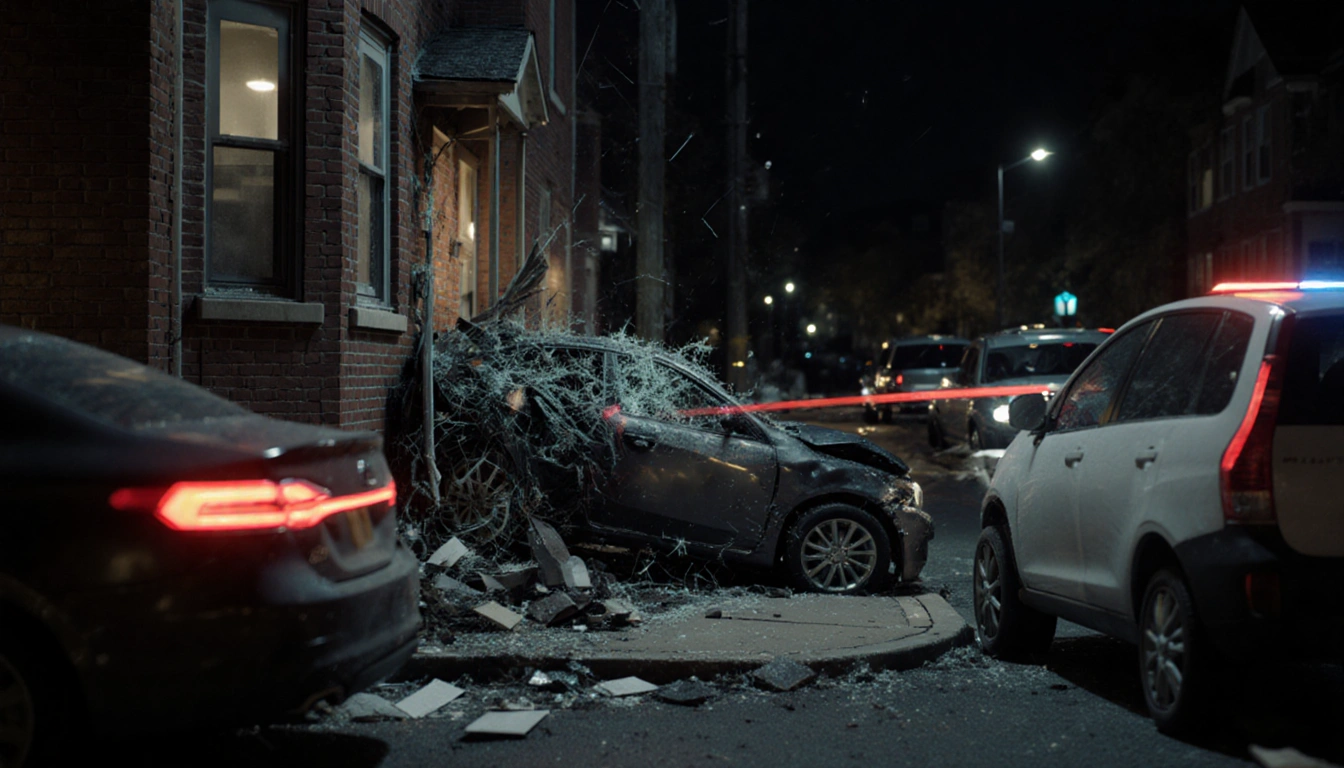 Crashed car slams into Philadelphia house with shattered glass and twisted metal at night.