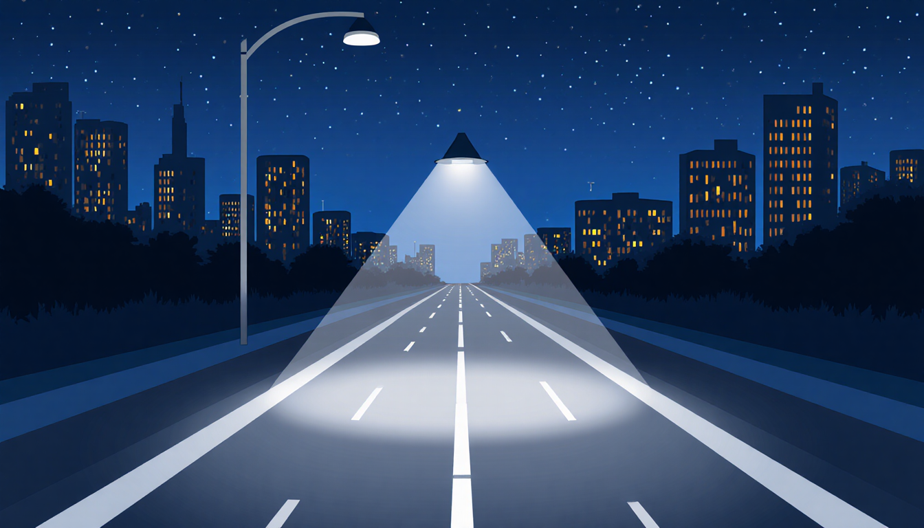 Lane indicating closure with a single spotlight on the Schuylkill Expressway at night with city lights in background