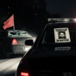 Police car sits at intersection with wanted poster on windshield and spotlight illuminating shattered vehicle