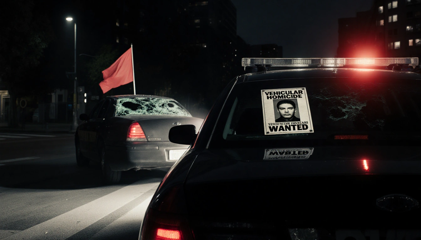 Police car sits at intersection with wanted poster on windshield and spotlight illuminating shattered vehicle