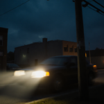 Swerving vehicle silhouette with headlights brightening the nighttime cityscape and emergency lights flashing nearby.