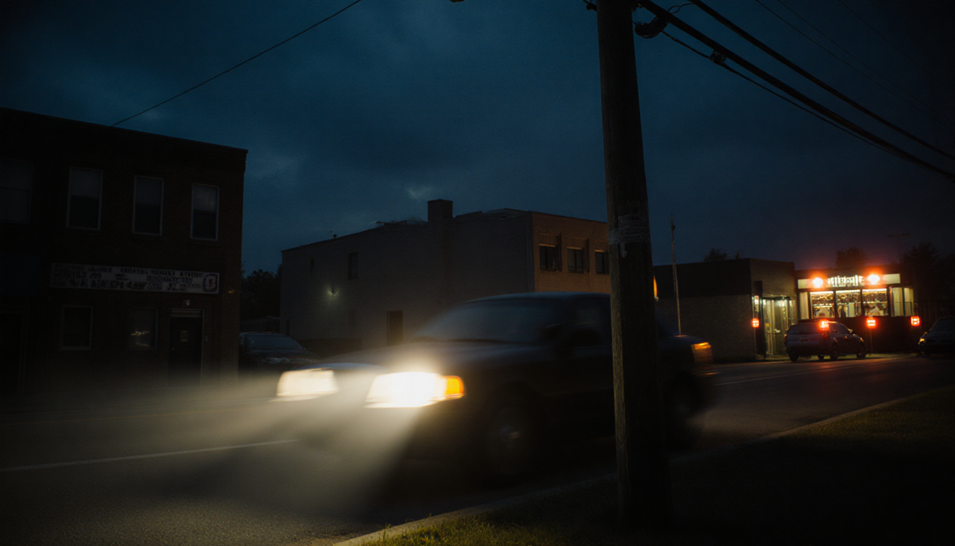 Swerving vehicle silhouette with headlights brightening the nighttime cityscape and emergency lights flashing nearby.