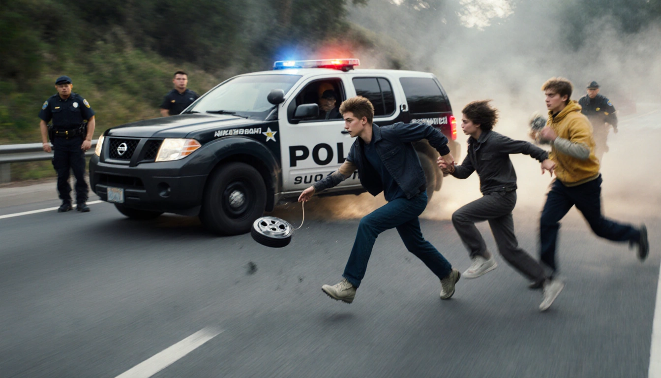 Teen holds wheel hubcap while scattering across street with blurred highway patrol vehicle and stunned officers behind it.