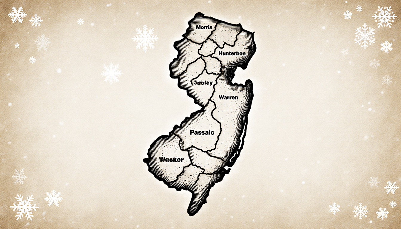 Map illustration depicting five counties with hand‑drawn texture and faint snowflake pattern.