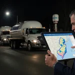 Governor Phil Murphy points to a propane shortage map with gas pumps and delivery trucks in a chaotic New Jersey night.