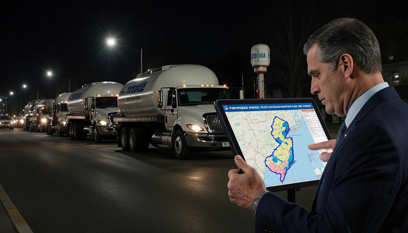 Governor Phil Murphy points to a propane shortage map with gas pumps and delivery trucks in a chaotic New Jersey night.