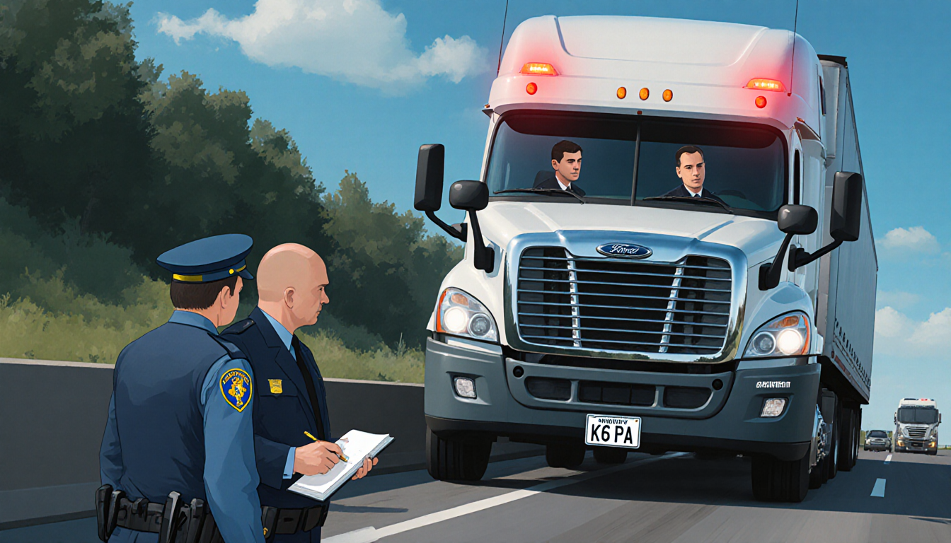 Police officer standing beside a tractor‑trailer on the New Jersey Turnpike with driver looking back and active police lights