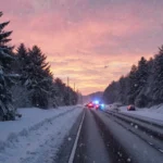 Snow-covered highway glows with falling snowflakes and pine trees silhouetted against a pink-orange dusk.