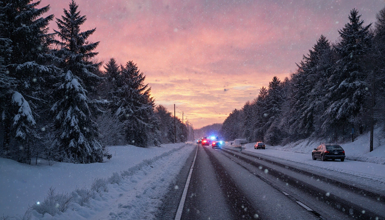 Snow-covered highway glows with falling snowflakes and pine trees silhouetted against a pink-orange dusk.