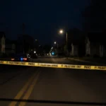 Police tape barrier stands on dim street with glowing streetlights and faint police car nearby.