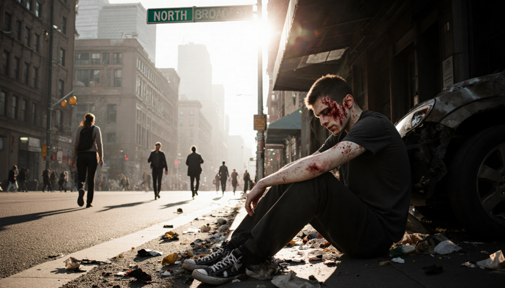 Young man leaning against dark awning with bloodstained clothing and a shattered car in front on North Broad Street