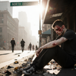 Young man leaning against dark awning with bloodstained clothing and a shattered car in front on North Broad Street
